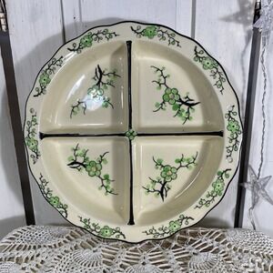 Antique Moriyama Green Cherry Blossom 4 Divider Dish Hand Painted Japan 1920-30s